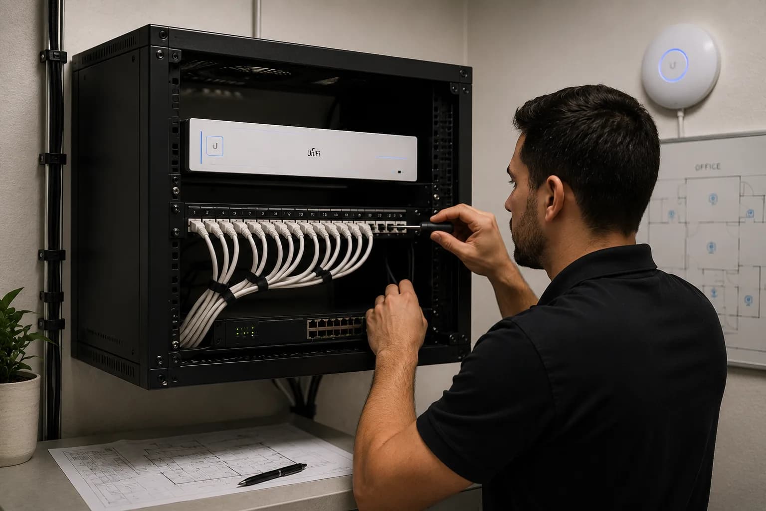 Technician configuring business video surveillance network technology in Miami