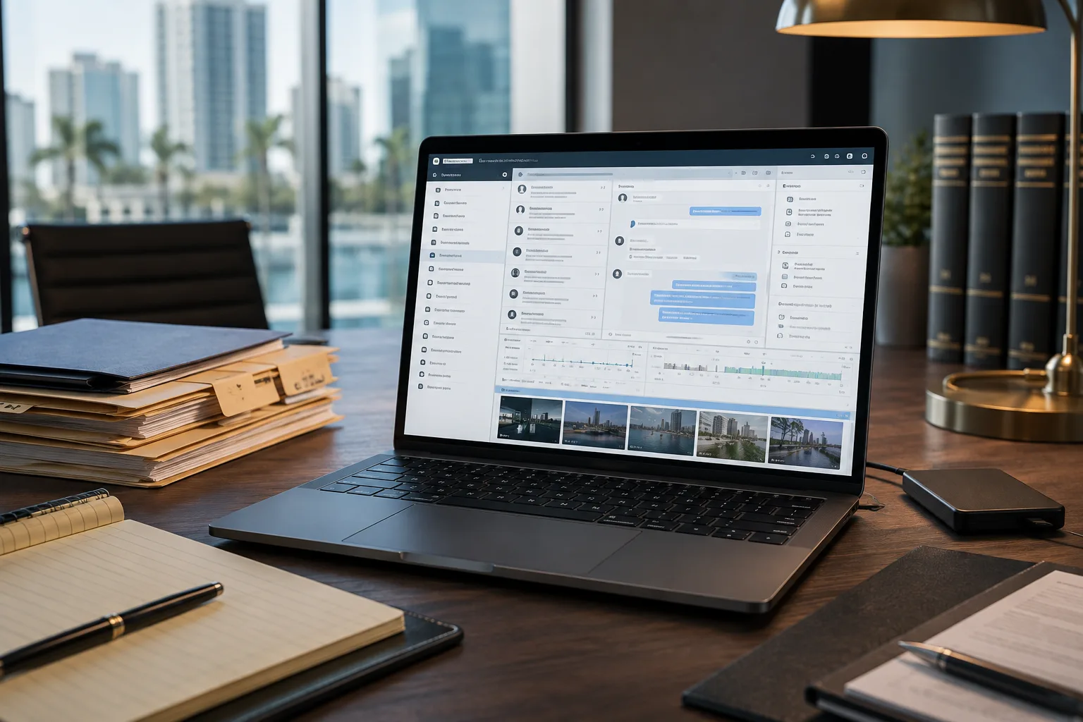 Attorney digital evidence review workspace with Windows laptop and case files